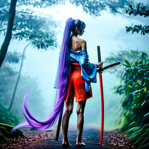 A beautiful Taiwanese girl with long iris purple and orange-red gradated hair, tied into a ponytail, stands in a misty forest. She wears a wide open blouse, damaged red super short hot pants, and is barefoot. She holds a long sword blending ice and fire elements. The misty atmosphere adds an air of mystique.