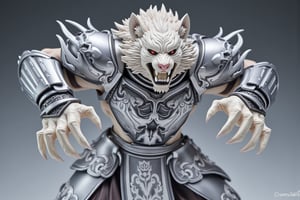 A highly detailed PVC figure of a personified white tiger general, standing in a fierce, battle-ready pose. The general is adorned in armor that blends sleek silver and white tones, resembling the majestic stripes of a tiger, with intricate patterns engraved across the plates. His powerful form radiates a deadly energy, as his sharp claws, attached to gauntlets on both hands, seem capable of slicing through even the air itself. These razor-sharp clawed gauntlets gleam menacingly, with curved, jagged tips that suggest immense lethality. The white tiger’s muscular frame is poised for combat, his fur meticulously sculpted to show fine details, blending smoothly with the armor. His intense eyes glow with a primal force, and his fanged mouth is slightly open, ready to roar. The PVC material adds a refined, collectible quality to the figure, with contrasting metallics and soft white tones creating a striking visual. The general’s claws are posed mid-swipe, as if he’s about to tear through anything in his path, with the air around him seeming to ripple with sheer power. a 3D rendering of a figurine, Fantasy detailers, RPG Style