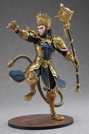 A highly detailed PVC figure of a personified monkey general, radiating agility and power. The general is clad in sleek, form-fitting armor that allows for maximum mobility, with intricate engravings and subtle gold accents that give a sense of both protection and flexibility. Atop his head, a shining golden crown rests, adding an air of nobility and mystique to his presence.
In his hand, he wields a golden staff, 'Ruyi Jingu Bang,' a legendary weapon beautifully sculpted with fine details along its length, symbolizing both wisdom and immense strength. The staff gleams with a metallic sheen, its size perfectly balanced in his agile grip, as if he could swing it with lightning speed at any moment. His stance is dynamic and poised, with one foot slightly raised as if he's about to leap into action, while his expressive face conveys sharp intelligence and playful confidence.
His entire figure exudes a sense of fluidity and readiness, as if he could dart across the battlefield or soar through the sky at any given moment. The PVC material highlights the sharpness of his armor, the gleam of his golden staff, all combining to create an impression of a warrior who is both agile and incredibly powerful. The monkey general’s pose and vibrant energy make him appear as if he's in the midst of a swift and strategic movement, ready to outmaneuver any opponent.. a 3D rendering of a figurine, Fantasy detailers, RPG Style