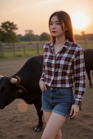 Thai people, women, puffy cheeks, white skin, wearing jeans, ripped knees, wearing a long-sleeved shirt with a plaid pattern, raising buffaloes, Thai buffaloes, having a bonfire, the sun is setting, and having a bamboo fence. Realistic image, digital image.