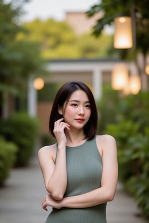 A serene Thai-Chinese woman, 20 years young, stands confidently in a tranquil courtyard, surrounded by lush greenery and delicate lanterns. Soft, golden light falls upon her gentle features, highlighting the subtle curves of her smile. Her dark hair is styled in a messy bob, framing her heart-shaped face as she gazes thoughtfully into the distance.