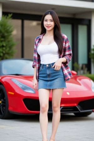 Photograph of a 20-year-old Thai-Chinese woman with long, flowing hair and a good figure, 34-inch chest, wearing a white swimsuit, covered with a plaid shirt that is unbuttoned but tied at the end, a short blue denim skirt, and sandals. She has a friendly smile, standing in front of a luxury sports car, a luxury condo, in sharp focus and with enough light, looking elegant, sharp.