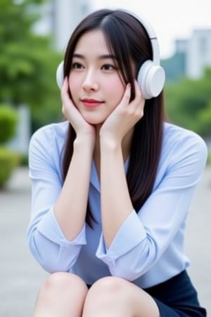 young woman with long, straight black hair is sitting outdoors, wearing white over-ear headphones. She is dressed in a light blue blouse and a short dark blue skirt. Her pose is thoughtful, with her hands resting under her chin, and she gazes off to the side. The background is blurred, showing some greenery and buildings, giving the scene a peaceful, calm vibe.