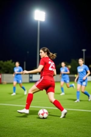 female soccer player in action on the field during a match. She is wearing a red jersey with the number 23 on it and is in the process of kicking the ball towards the goal. The field is covered in artificial turf and there are floodlights shining down on the player. In the background, there are other players from both teams wearing blue jerseys. The image captures the intensity and excitement of the game.