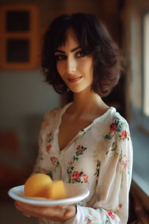 a beautiful arab woman. shor hair setingbon chair in Haus background