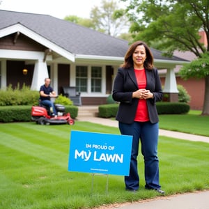 kamala harris standing on the front lawn of a American Craftsman Bungalow style house in a suburban environment. Beside her is a blue campaign yard sign with white text that says "im proud of my lawn". In the background is a man mowing his lawn.