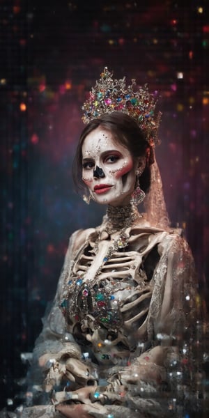 Vibrant real skull Catrina portrait in vivid colorfull tones: colorfull background A stunning, sensual Mexican real skeleton skull girl, adorned with intricate jewels, sits regally against a rich, dark background. Her delicate features are rendered in exquisite detail, with piercing eyes and full lips painted crimson. A tiara of sparkling gems crowns her head, while a lace shawl drapes elegantly across her shoulders, framing the elaborate design. The overall effect is one of opulence, mystique, and captivating beauty. paint made whit jewelsa sticked in the face,PorcelainDollPrincess,c0l0rw0rldd, PAINT Ctoo much jewels as paint, Perfect_Body,VIVID
