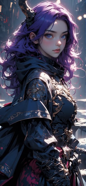 Close-up of a person in a sword costume、screenshot、wavy purple hair . Cyberpunk art、Lü Ji、Cyber Japan Armor、Cyber Japan Samurai Armor、Cyber Japan style armor、Cyberpunk Anime Girl、Very beautiful cyberpunk samurai、whole body, FLUX_QTNimE_2,NiJi_2_FLUX,REALNIME