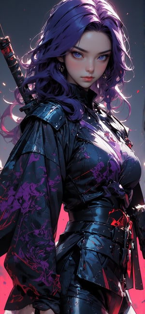 Close-up of a person in a sword costume、screenshot、wavy purple hair . Cyberpunk art、katana in hand , Lü Ji、Cyber Japan Armor、Cyber Japan Samurai Armor、Cyber Japan style armor、Cyberpunk Anime Girl、Very beautiful cyberpunk samurai、whole body, FLUX_QTNimE_2,NiJi_2_FLUX,REALNIME