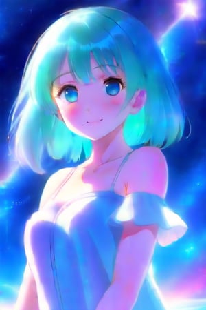 cute and fluffy background. A girl standing with a star-background, strongly backlit with clear and crisp lighting. Drawn in nicely detailed cel-shaded brilliant colours, well-done anime-style texture.