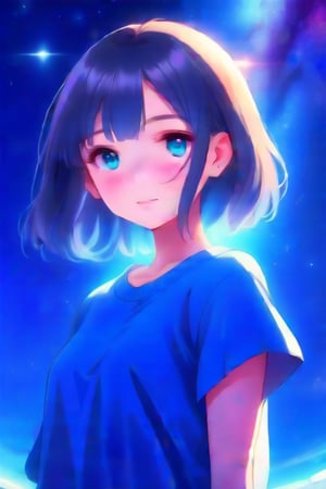 cute and fluffy background. A girl standing with a star-background, strongly backlit with clear and crisp lighting. Drawn in nicely detailed cel-shaded brilliant colours, well-done anime-style texture. (detailed focus on simply drawn eyes:0.5)