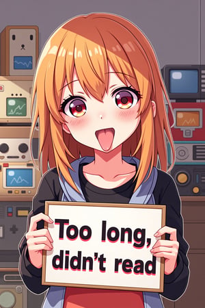 an anime girl  sticking out just the tip of her tongue and holding a sign that reads:
"TL;DR
Too long; didn't read"
This scene is expertly cel-shaded in bright primary colours. The girl is cute, but wait, she's sticking out her tongue a teeny bit- how rude!
Teenage unaware beauty.
Some fuzzy toys and gadgets stacked on other things in background.
TL;DR is ; seperated
