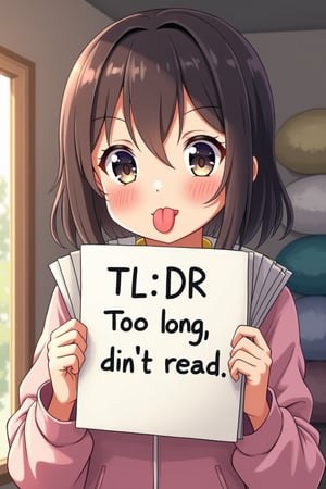 an anime girl  sticking out the tip of her tongue and holding a sign that reads:
"TL;DR
Too long; didn't read".
This scene is expertly cel-shaded in bright primary colours. The girl is cute, but wait, she's sticking out her tongue! how rude!
Teenage unaware beauty.
Some fuzzy pillows stacked on other things in background.

