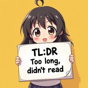 a little anime girl holding a sign that reads:
"TL;DR
Too long; didn't read".
This scene is expertly cel-shaded in bright primary colours. The girl is cute, but wait, she's sticking out her tongue! how rude!

