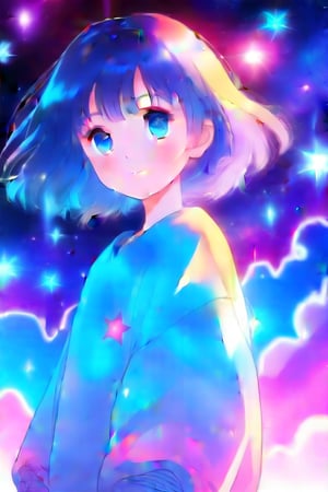 cute and fluffy background. A girl standing with a star-background, strongly backlit with clear and crisp lighting. Drawn in nicely detailed cel-shaded brilliant colours, well-done anime-style texture.