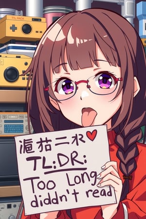 an anime girl  sticking out just the tip of her tongue and holding a sign that reads:
"TL;DR
Too long; didn't read"
This scene is expertly cel-shaded in bright primary colours. The girl is cute, but wait, she's sticking out her tongue a teeny bit- how rude!
Teenage unaware beauty.
Some fuzzy toys and gadgets stacked on other things in background.
TL;DR is ; seperated
