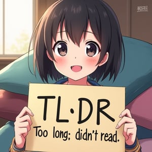 an anime girl  sticking out her tongue a little and holding a sign that reads:
"TL;DR
Too long; didn't read".
This scene is expertly cel-shaded in bright primary colours. The girl is cute, but wait, she's sticking out her tongue! how rude!
Teenage unaware beauty.
Some fuzzy pillows stacked on other things in background.

