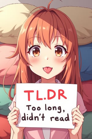 an anime girl  sticking out just the tip of her tongue and holding a sign that reads:
"TL;DR
Too long; didn't read"
This scene is expertly cel-shaded in bright primary colours. The girl is cute, but wait, she's sticking out her tongue a teeny how rude!
Teenage unaware beauty.
Some fuzzy pillows stacked on other things in background.
TL;DR is ; seperated
