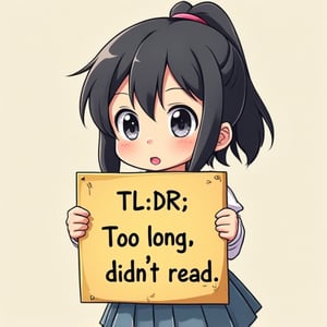 a little anime girl holding a sign that reads:
"TL;DR
Too long; didn't read".
This scene is expertly cel-shaded in bright primary colours. The girl is cute, but wait, she's sticking out her tongue! how rude!

