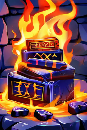 pie made of fire, background of stone tablets with mystery runes, very-well drawn cel-shading, cartoonishly bright colors, hyperrealistic digital artpiece