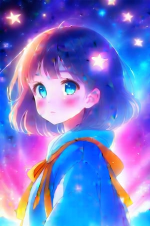 cute and fluffy background. A girl standing with a star-background, strongly backlit with clear and crisp lighting. Drawn in nicely detailed cel-shaded brilliant colours, well-done anime-style texture