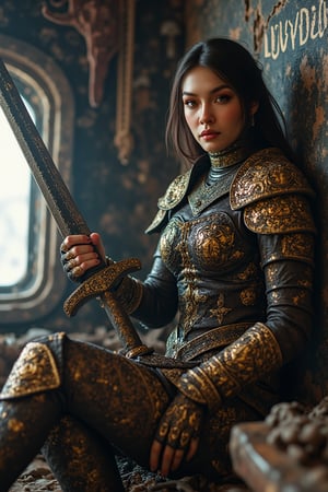 A lady warrior with dewy skin and a fabulous touch of makeup, wearing a Middle Eastern intricately decorated chainmail armour suit, is captured in a dynamic pose with unique intricate holding a massive sword with titanium and gold, sitting manly in some abandoned junk ship, a broken dark building of a pirate ship, a big broken board with the text big written "LOVEDALIN" (((correctly spelled)) in bold and 3D embossed font, low key style, analogue colours concept, A masterpiece, dark fantasy concept art, with dynamic lighting, hyperdetailed, intricately detailed, deep colour, volumetric lighting, HANSWORD23,
