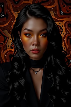 In a stark, high-contrast setting, a woman's enigmatic face emerges from the darkness, her features aglow with warm earthy tones - rich terracotta on her cheeks, golden orange on her nose, and deep crimson on her lips. Her raven-black locks cascade like a dark aurora, while her eyes radiate an otherworldly intensity, burning bright with fiery amber hues. Amidst the somber backdrop, she wears a minimalist ensemble, its simplicity stark against the swirling vortex of colors behind her. The Klein Bottle and Möbius Strip patterns in the background create an captivating, asymmetrical composition that draws the viewer's gaze, further emphasizing the subject's mystique.