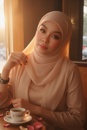 Here's a high-quality, coherent, stable diffusion prompt based on your input: A stunning Malay woman sits poised in a charming wooden cafe during golden hour. Soft, warm light dances across her striking features and immaculate makeup, with dramatic backlighting adding depth. Her delicate chiffon hijab flows elegantly, As she reads by the window, scattered flower petals create a whimsical ambiance. The brand of cup TEJAA script on her coffee cup adds sophistication. In stunning 8K resolution, every intricate fold of her hijab and petal is meticulously rendered. Shallow depth of field and lens flare guide the viewer's gaze to her captivating beauty, beautifully framed by the rustic charm of the wooden cafe.