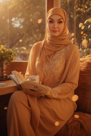 Here's a high-quality, coherent, stable diffusion prompt based on your input:

A stunning Malay woman sits poised in a charming wooden cafe during golden hour. Soft, warm light dances across her striking features and immaculate makeup, with dramatic backlighting adding depth. Her delicate chiffon hijab flows elegantly, complemented by natural-colored contact lenses. As she reads by the window, scattered flower petals create a whimsical ambiance. The TEJAA script on her coffee cup adds sophistication. In stunning 8K resolution, every intricate fold of her hijab and petal is meticulously rendered. Shallow depth of field and lens flare guide the viewer's gaze to her captivating beauty, beautifully framed by the rustic charm of the wooden cafe.