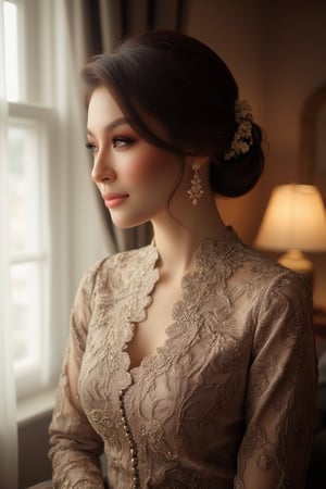 A majestic profile portrait: a stunning woman stands serenely near a window, bathed in soft, natural light that accentuates her features. Her loose updo showcases delicate tendrils framing her face, as she wears a lace dress with intricate details, exuding timeless beauty.