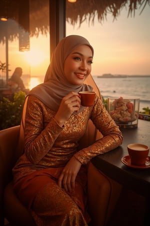 A stunning Malay woman, radiant with elegance, sits in a luxurious coffee cafe, bathed in soft golden lighting that highlights her exquisite knitwear attire. She sips her coffee, happy expression fixed on the breathtaking sunset view of the sea outside, where warm hues dance across the waves. Opulent decor and rich textures surround her, blending traditional charm with modern sophistication, capturing the essence of the contemporary Malay woman in a relaxed urban setting.