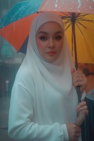 In a cinematic setting bathed in moody lighting, a stunning lady wearing a hijab and white hoodie sweatshirt stands confidently amidst torrential rain, her flawless complexion radiating warmth against the grey backdrop. Framed by the rain-soaked environment, she grasps a vibrant umbrella, its colors popping against the drizzle. Her defined eyebrows and subtle eyeshadow accentuate her detailed eyes, while invitingly plump lips seem to beckon the viewer. The photorealistic rendering is so lifelike that raindrops glistening on her hijab appear ready to be touched.