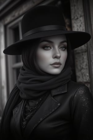 A sultry evening unfolds as a ravishing woman stands defiantly against a weathered, vintage- inspired backdrop shrouded in captivating shadows. Her expressive features tell a tale of mystery beneath the stylish hat and flowing scarf, adding sophistication to the moody scene. Soft focus and high contrast evoke rich texture, black and white theme adding an air of nostalgia.