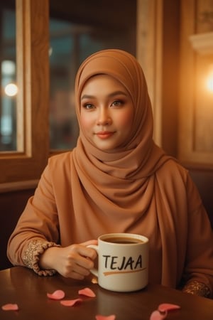 In a cozy wooden cafe, a Malay woman with an striking face and impeccable make-up sits calmly, surrounded by the warmth of golden hour. She wears a chiffon hijab with intricate folds and natural color contact lenses. Her serene expression is illuminated by the dramatic backlighting, creating a sense of depth. The TEJAA written in bold cursive on her coffee cup adds a touch of elegance. As she reads by the window, scattered flower petals create a whimsical atmosphere. With hyperrealistic detail and 8K resolution, every fold of her hijab and every petal is rendered with precision. The shallow depth of field and lens flare add to the sense of intimacy, drawing the viewer's eye to the woman's captivating beauty.