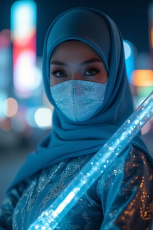 In a dimly lit night scene, a cybernetic cyborg girl stands confidently on the cybercity road, her gaze directed straight at the viewer. A close-up view captures the intricate details of her cybernetic mouth mask, shimmering with white and lite blue hues. Her baju kebaya armor design glistens in the faint light. The transparent glass sword she holds seems to glow with an otherworldly intensity. The soft focus and ultra-smooth rendering create a dreamlike atmosphere, while the vibrant colors pop against the dark background.