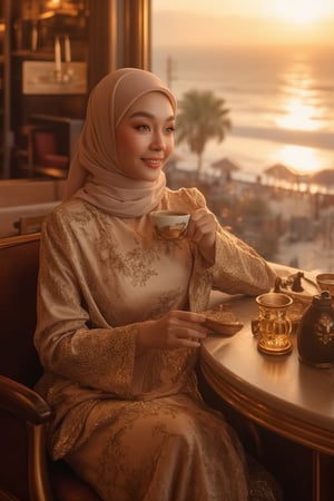 A stunning Malay woman, radiant with elegance, sits in a luxurious coffee cafe, bathed in soft golden lighting that highlights her exquisite knitwear attire. She sips her coffee, happy expression fixed on the breathtaking sunset view of the sea outside, where warm hues dance across the waves. Opulent decor and rich textures surround her, blending traditional charm with modern sophistication, capturing the essence of the contemporary Malay woman in a relaxed urban setting.