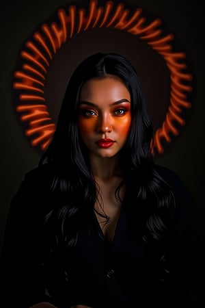 In a stark, high-contrast setting, a woman's enigmatic face emerges from the darkness, her features aglow with warm earthy tones - rich terracotta on her cheeks, golden orange on her nose, and deep crimson on her lips. Her raven-black locks cascade like a dark aurora, while her eyes radiate an otherworldly intensity, burning bright with fiery amber hues. Amidst the somber backdrop, she wears a minimalist ensemble, its simplicity stark against the swirling vortex of colors behind her. The Klein Bottle and Möbius Strip patterns in the background create an captivating, asymmetrical composition that draws the viewer's gaze, further emphasizing the subject's mystique.