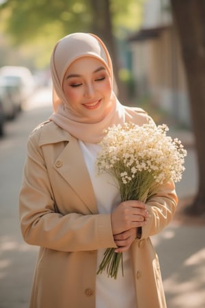 A sun-drenched sidewalk moment: A radiant woman in hijab, trench coat, and crisp white shirt tenderly holds and kisses a vibrant bouquet of baby breath flowers, her brown sunglasses nestled on her head. Natural light dances across her features as she's lost in thought, the blurred background and bokeh effect crafting an intimate atmosphere. Soft lighting highlights her bright smile, while detailed textures render the scene with photorealism.