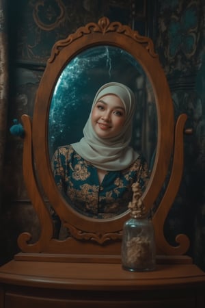 A Malay woman donning hijab, poised elegantly in traditional kebaya adorned with intricate batik patterns, gazes enchantingly from behind a wooden dressing table set amidst a spooky, eerie atmosphere. The cracked mirror's reflection casts an air of mystery. Her makeup is refined, eyes captivating, and smile radiant, exuding regal beauty despite the unsettling surroundings.