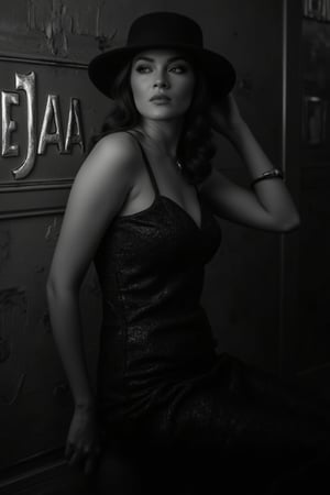 A sultry siren posing elegantly amidst a moody Noir Photography setting, her fashionable hair and stylish hat adding sophistication to the high-contrast scene. Soft focus accentuates textured shadows, while bold embossed font TEJAA dominates the black and white theme. Her expressive features seem to convey a story as she stands out against a vintage-inspired backdrop, bathed in captivating darkness that draws the viewer in. Cinematic quality shines through in this ultra-detailed (4K) masterpiece.