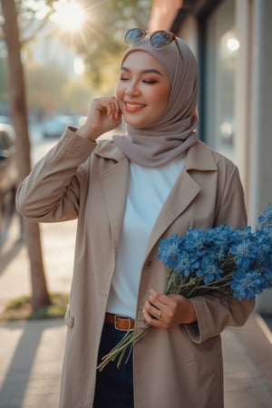 Candid moment on a sun-kissed sidewalk: a radiant woman in a hijab, trench coat and crisp white shirt holds and kisses a vibrant bouquet of dark blue flowers, her brown sunglasses tucked on her head. Natural light dances across her features as she's lost in thought, the blurred background and bokeh effect creating a sense of intimacy. Soft lighting accentuates her bright smile, while super detailed textures bring the scene to life.