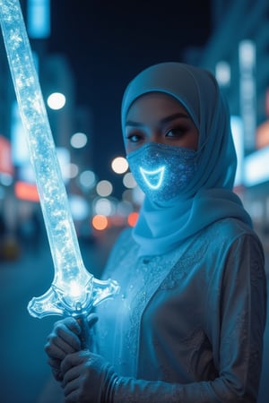 In a dimly lit night scene, a cybernetic cyborg girl stands confidently on the cybercity road, her gaze directed straight at the viewer. A close-up view captures the intricate details of her cybernetic mouth mask, shimmering with white and lite blue hues. Her baju kebaya armor design glistens in the faint light. The transparent glass sword she holds seems to glow with an otherworldly intensity. The soft focus and ultra-smooth rendering create a dreamlike atmosphere, while the vibrant colors pop against the dark background.