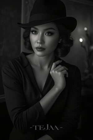 A sultry Noir Photography setup unfolds: a ravishing lady poses with poise, her coiffed hair and fedora adding sophistication to the dramatic tableau. Against a vintage-inspired backdrop, she stands out against captivating shadows, her enigmatic facial features conveying a story. Soft focus and high contrast create sumptuous texture, while embossed font TEJAA adds striking statement in black and white theme.