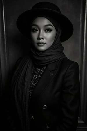 Here's a prompt for an SD model:

Create a moody Noir Photography-inspired image featuring a stunning lady posing against a vintage-inspired backdrop, bathed in captivating shadows. She wears a fashionable scarf and stylish hat, adding elegance to the dramatic scene. Use soft focus and high contrast to create rich texture, with bold embossed font TEJAA in black and white theme. Capture her expressive facial features telling a story as she stands out against the dark background, drawing the viewer in. Achieve an ultra-detailed 4K cinematic quality image that exudes realism.