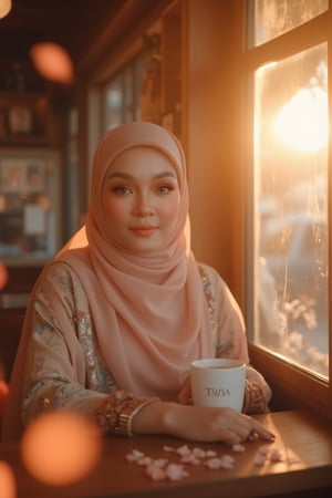 Here's a high-quality, coherent, stable diffusion prompt based on your input: A stunning Malay woman sits poised in a charming wooden cafe during golden hour. Soft, warm light dances across her striking features and immaculate makeup, with dramatic backlighting adding depth. Her delicate chiffon hijab flows elegantly, complemented by natural-colored contact lenses. As she reads by the window, scattered flower petals create a whimsical ambiance. The TEJAA script on her coffee cup adds sophistication. In stunning 8K resolution, every intricate fold of her hijab and petal is meticulously rendered. Shallow depth of field and lens flare guide the viewer's gaze to her captivating beauty, beautifully framed by the rustic charm of the wooden cafe.