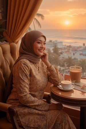 A Malay beauty, exuding refinement, settles into a plush coffee cafe, enveloped by soft golden light that accentuates her intricately knit outfit. As she savors her coffee, a serene smile spreads across her face, drawn to the stunning sunset unfolding outside - warm hues dancing across the waves like a kinetic tapestry. The opulent setting, marrying traditional charm with modern flair, captures the essence of contemporary Malay femininity in an urban oasis.