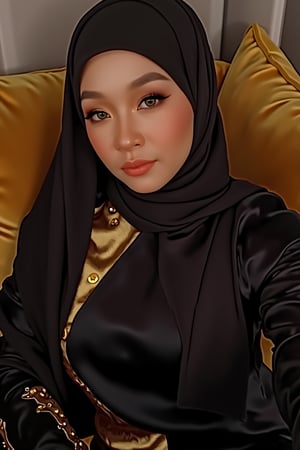 Dalila's porcelain-doll-like features mesmerize as the camera inches in, capturing every nuance of her golden glow. The soft, warm lighting accentuates her flawless makeup and delicate hijab folds, which complement her sleek black and gold ensemble. Velvet sofa cushions provide a plush backdrop for her serene, contemplative gaze.