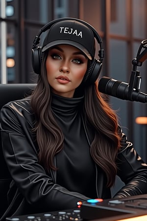 A digital portrait of Tejaa, a woman sitting calmly on a futuristic DJ karaoke set in a radio station studio. Framed by sleek black lines, she wears an ARMOR cap with 'TEJAA' embossed, shading her face. Her high-collar jacket and headset create a striking contrast against her dark attire. Makeup accentuates her serene expression. The minimalist background features subtle urban elements, focusing attention on Tejaa's tranquil pose.