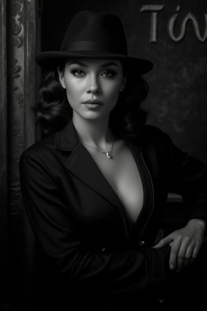 In a sultry Noir Photography setup, a ravishing lady poses with poise, her coiffed hair and fedora adding a touch of sophistication to the dramatic tableau. Soft focus and high contrast create a sumptuous texture, while the embossed font TEJAA adds a striking statement in the black and white theme. Her enigmatic facial features seem to convey a story as she stands out against the vintage-inspired backdrop, bathed in captivating shadows that draw the viewer in.