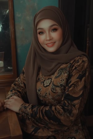 A Malay woman donning hijab, poised elegantly in traditional kebaya adorned with intricate batik patterns, gazes enchantingly from behind a wooden dressing table set amidst a spooky, eerie atmosphere. The cracked mirror's reflection casts an air of mystery. Her makeup is refined, eyes captivating, and smile radiant, exuding regal beauty despite the unsettling surroundings.